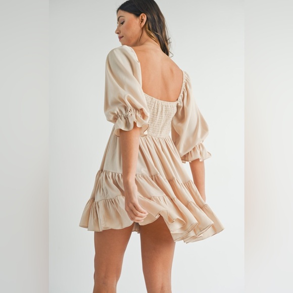 MABLE Size S Ruffle Mini Dress Beige Champagne Emory Smocked SummerDress Women - Picture 2 of 11